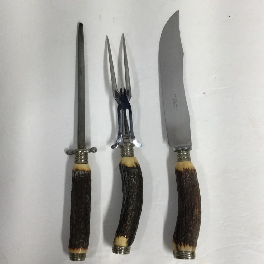 Solingen Antler Handle Carving Set - Knife, Fork & Steel Vintage Germany